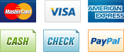 We accept MasterCard, Visa, American Express, Cash, Checks, and PayPal.